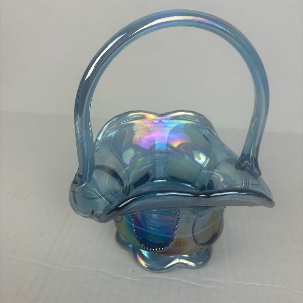 Vintage FENTON blue iridescent basket-Art Glass
